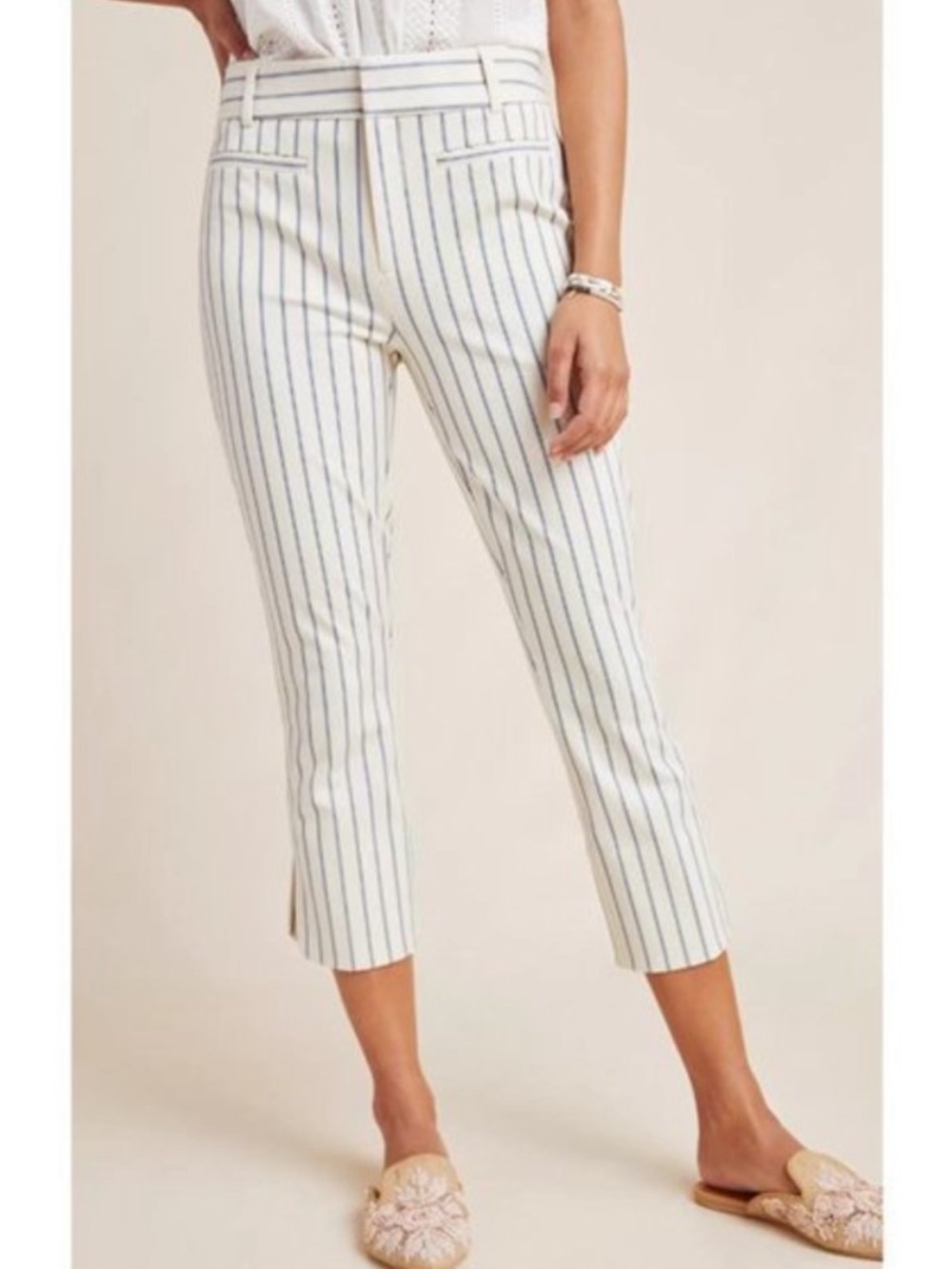 Anthropologie | The essential SLIM pant | Cream Cropped Blue Pinstripe | Size 0